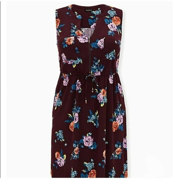 Torrid Purple Floral Challis Zip Front  Drawstring Shirt Dress Size 0 Large - Picture 3 of 8